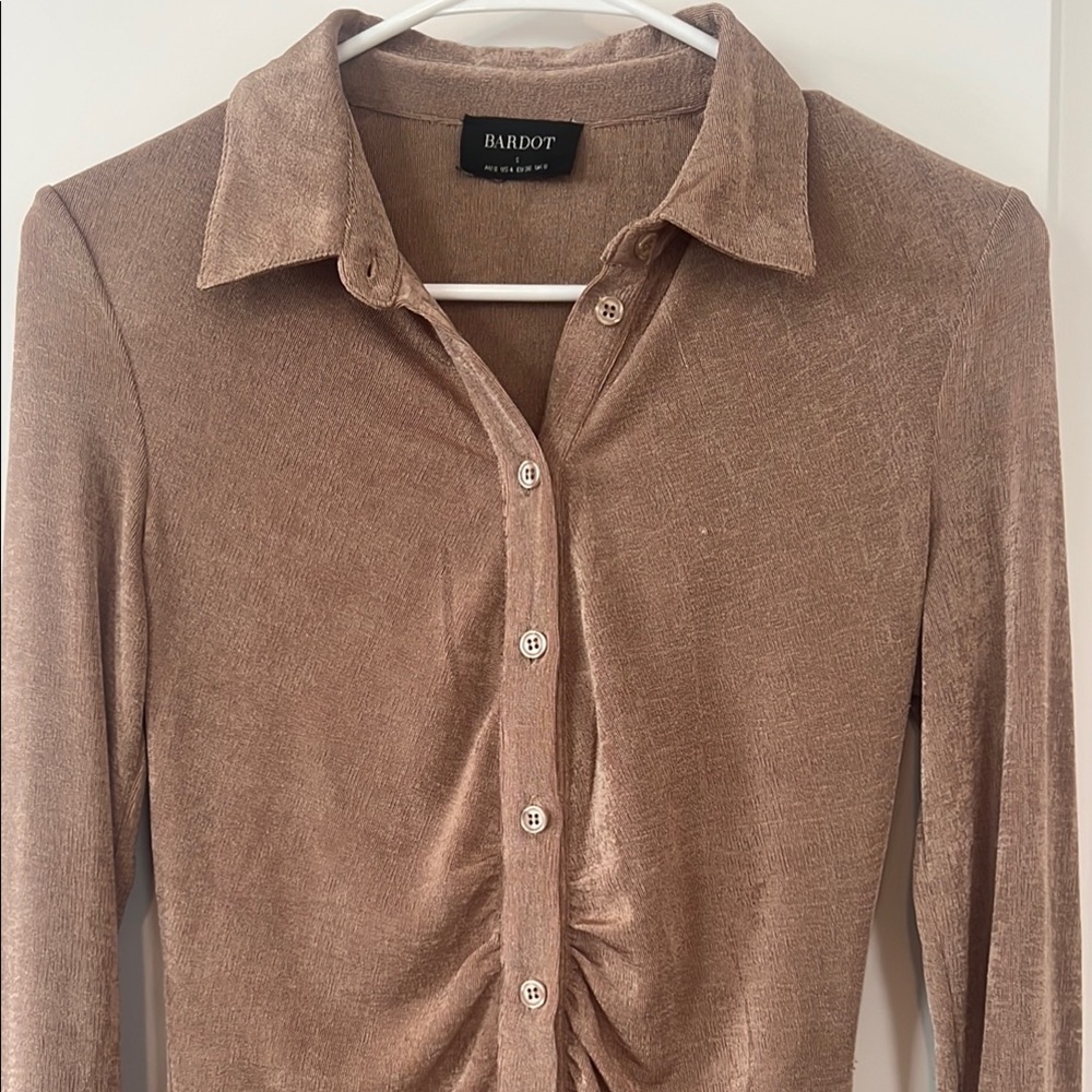 Bardot Brown Ruched Long Sleeve Shirt Dress - Picture 2 of 8